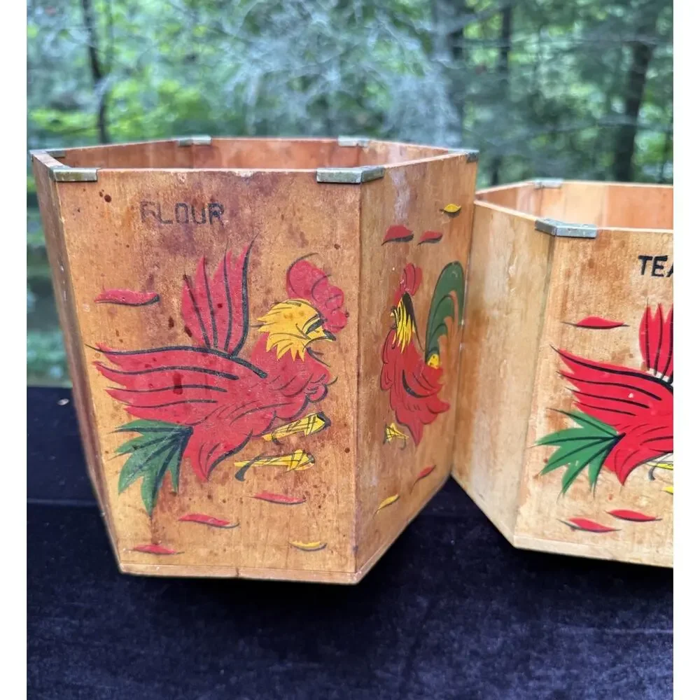 4 MCM 1960’s Japan Betson's Wood Rooster Hexagon 6-Sided Nesting Canisters